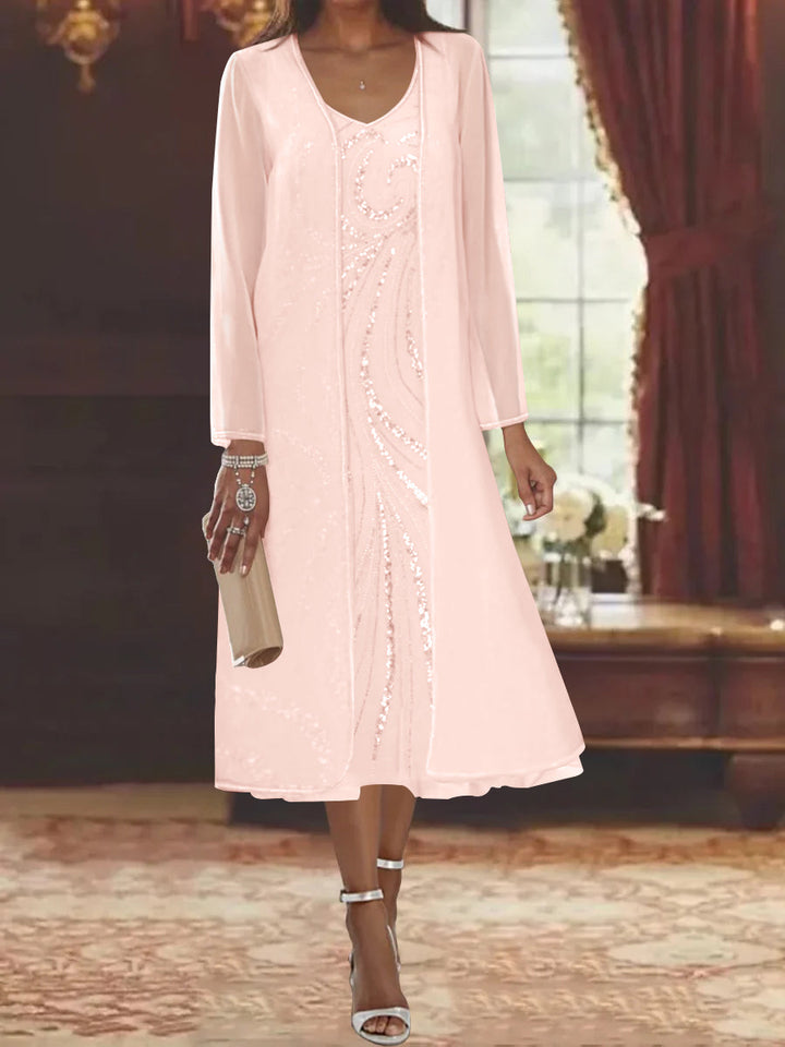 Robe de Mère de la Mariée Fourreau/Colonne à Col en V et Manches Longues, Longueur Thé, avec Veste et Paillettes