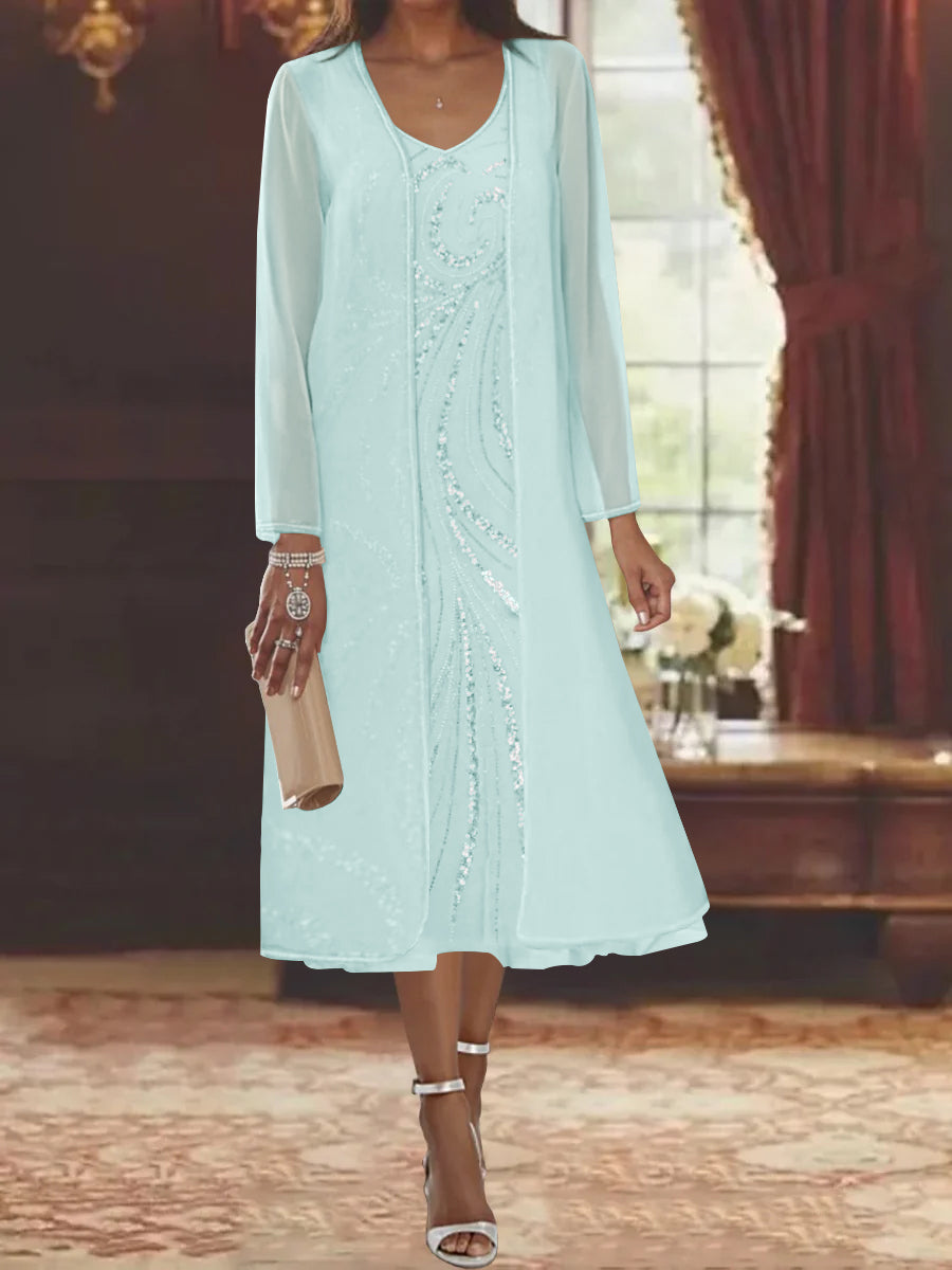 Robe de Mère de la Mariée Fourreau/Colonne à Col en V et Manches Longues, Longueur Thé, avec Veste et Paillettes
