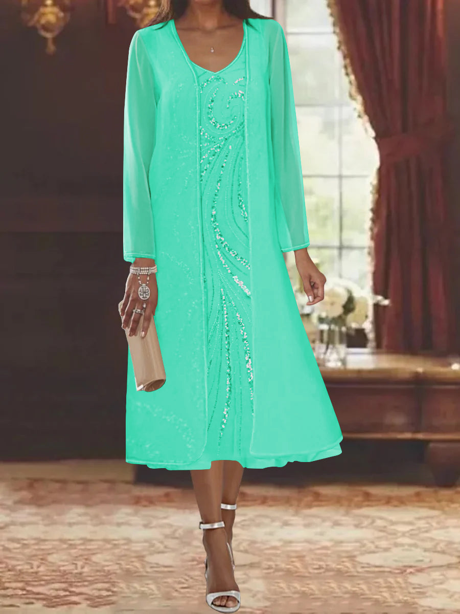 Robe de Mère de la Mariée Fourreau/Colonne à Col en V et Manches Longues, Longueur Thé, avec Veste et Paillettes