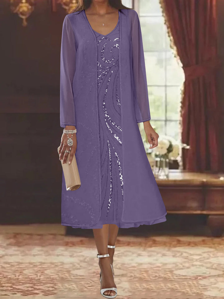 Robe de Mère de la Mariée Fourreau/Colonne à Col en V et Manches Longues, Longueur Thé, avec Veste et Paillettes