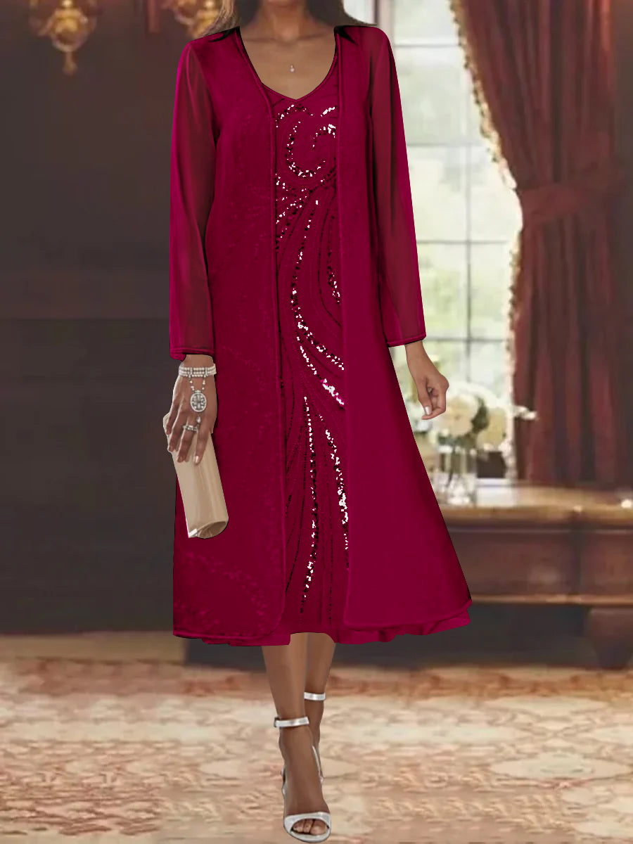 Robe de Mère de la Mariée Fourreau/Colonne à Col en V et Manches Longues, Longueur Thé, avec Veste et Paillettes