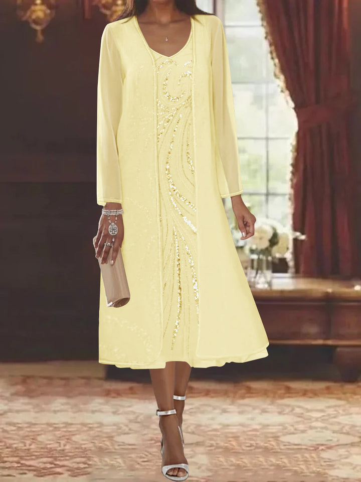 Robe de Mère de la Mariée Fourreau/Colonne à Col en V et Manches Longues, Longueur Thé, avec Veste et Paillettes