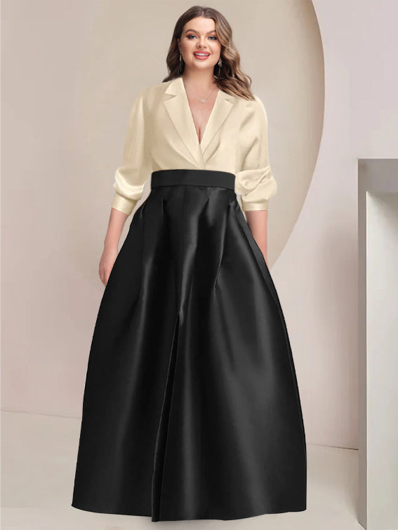 Robe de Mère de la Mariée Grande Taille à Manches Longues et Col en V, Coupe A-Line/Princess, avec Poches