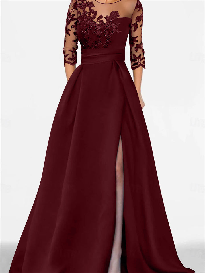 Robe de Mère de la Mariée Coupe A-Line/Princess, Manches 3/4, Longueur Au Sol, avec Dentelle et Fente Sur le Côté