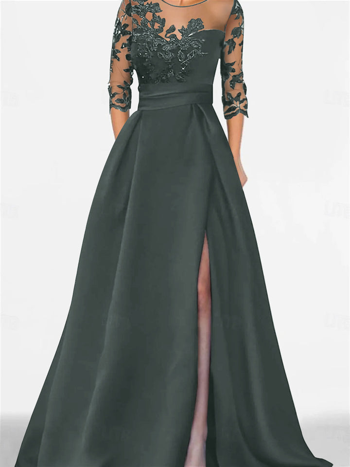 Robe de Mère de la Mariée Coupe A-Line/Princess, Manches 3/4, Longueur Au Sol, avec Dentelle et Fente Sur le Côté