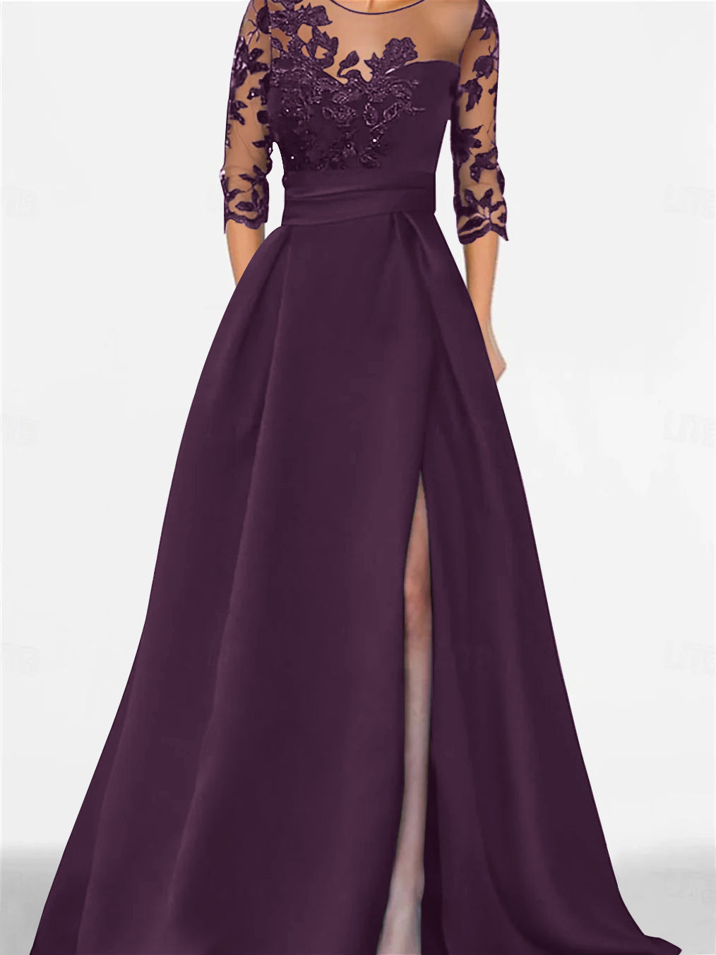 Robe de Mère de la Mariée Coupe A-Line/Princess, Manches 3/4, Longueur Au Sol, avec Dentelle et Fente Sur le Côté