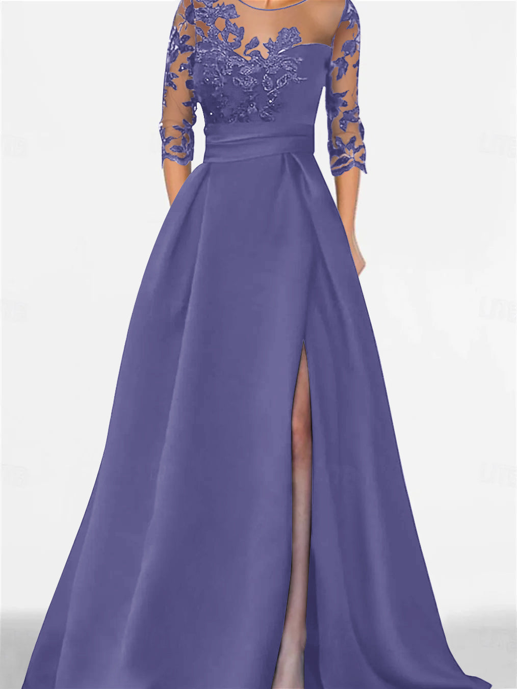 Robe de Mère de la Mariée Coupe A-Line/Princess, Manches 3/4, Longueur Au Sol, avec Dentelle et Fente Sur le Côté