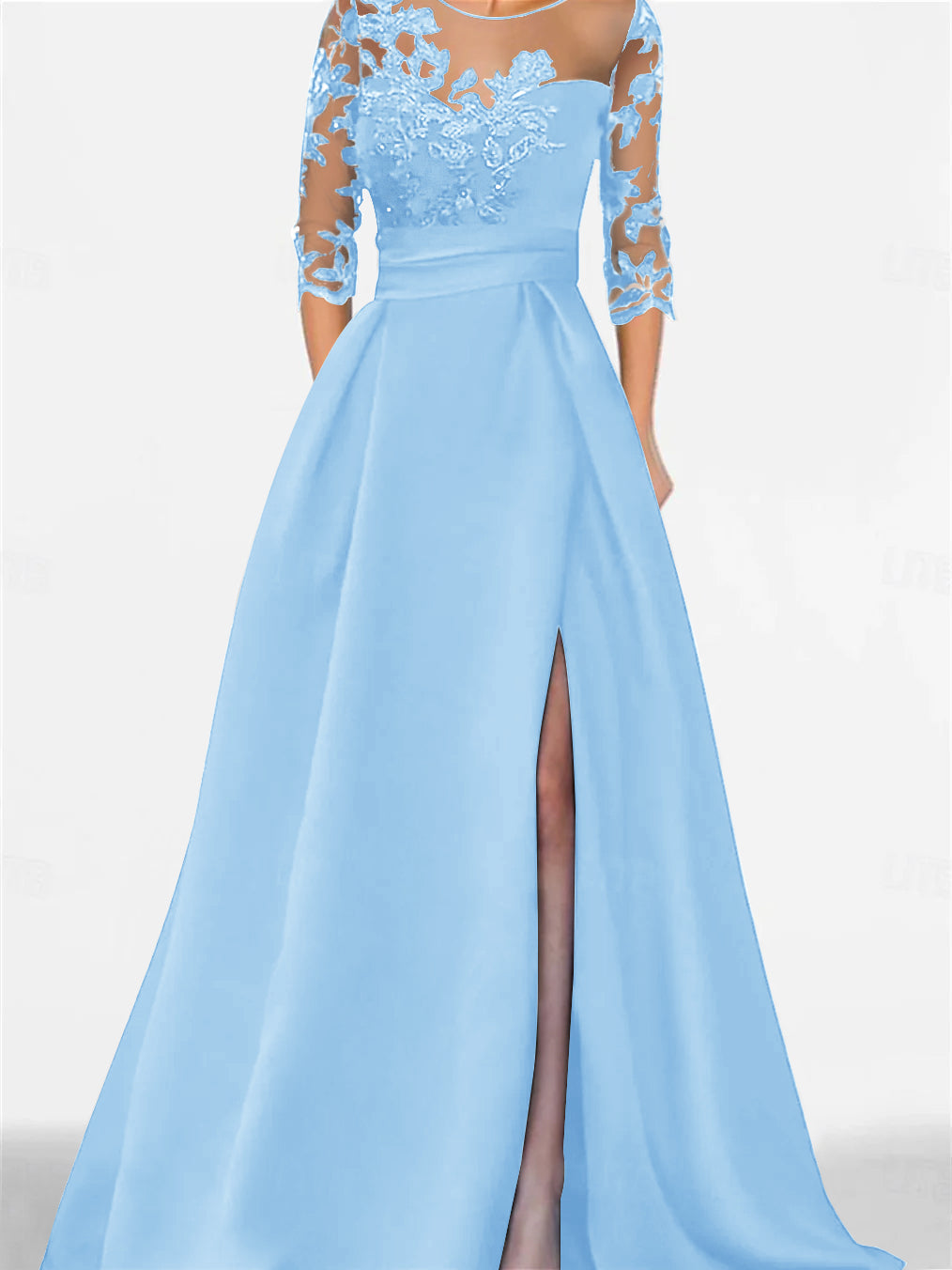 Robe de Mère de la Mariée Coupe A-Line/Princess, Manches 3/4, Longueur Au Sol, avec Dentelle et Fente Sur le Côté