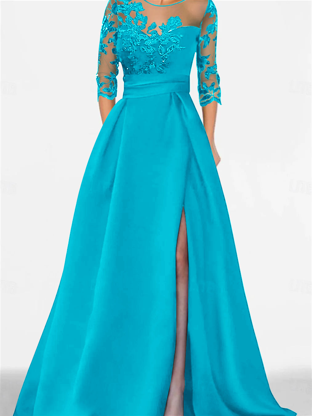 Robe de Mère de la Mariée Coupe A-Line/Princess, Manches 3/4, Longueur Au Sol, avec Dentelle et Fente Sur le Côté