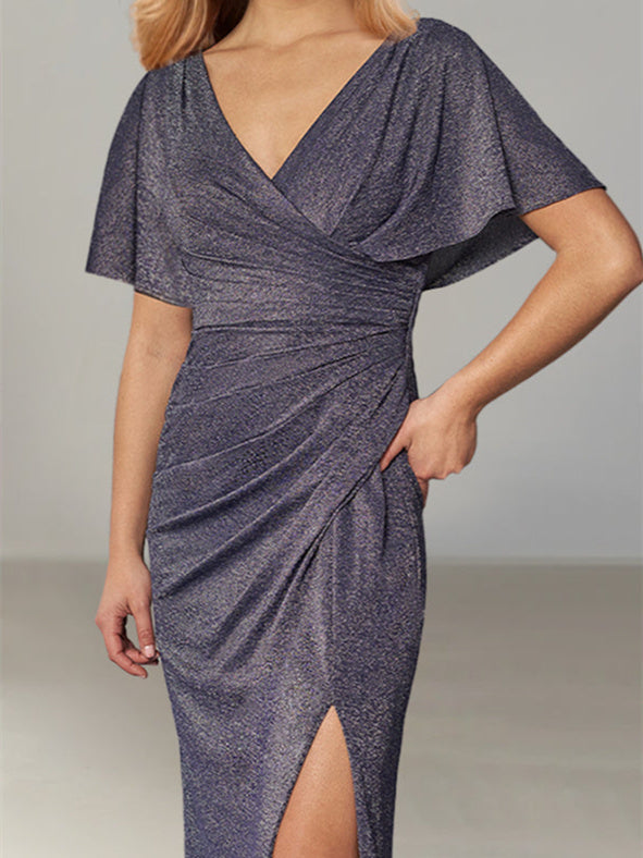 Robe de Mère de la Mariée à Manches Drapées, Col Plongeant, Longueur Au Sol, avec Fente