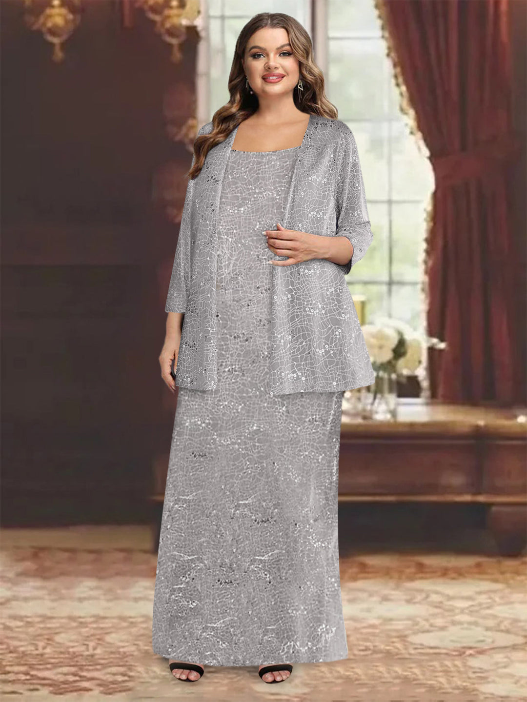 Robe de Mère de la Mariée Grande Taille en Mousseline de Soie, Longueur Cheville, avec Paillettes et Veste