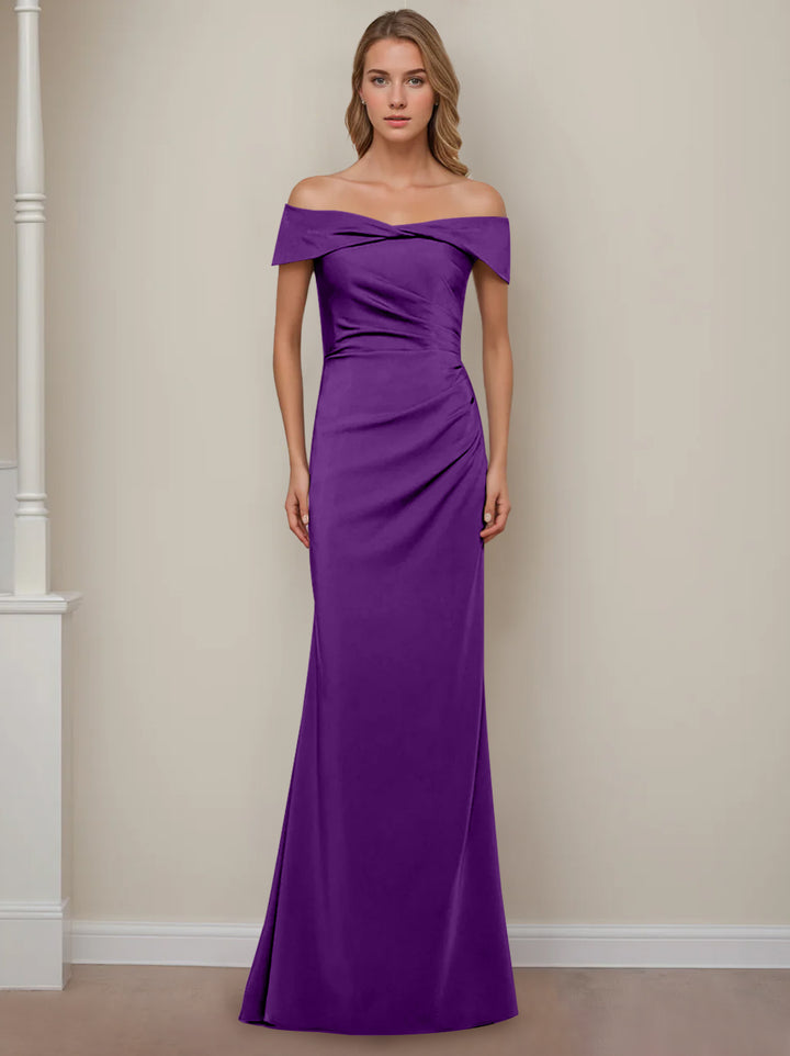 Robe de Mère de la Mariée Fourreau/Colonne à Épaules Dénudées et Manches Courtes, Longueur Au Sol, avec Volants