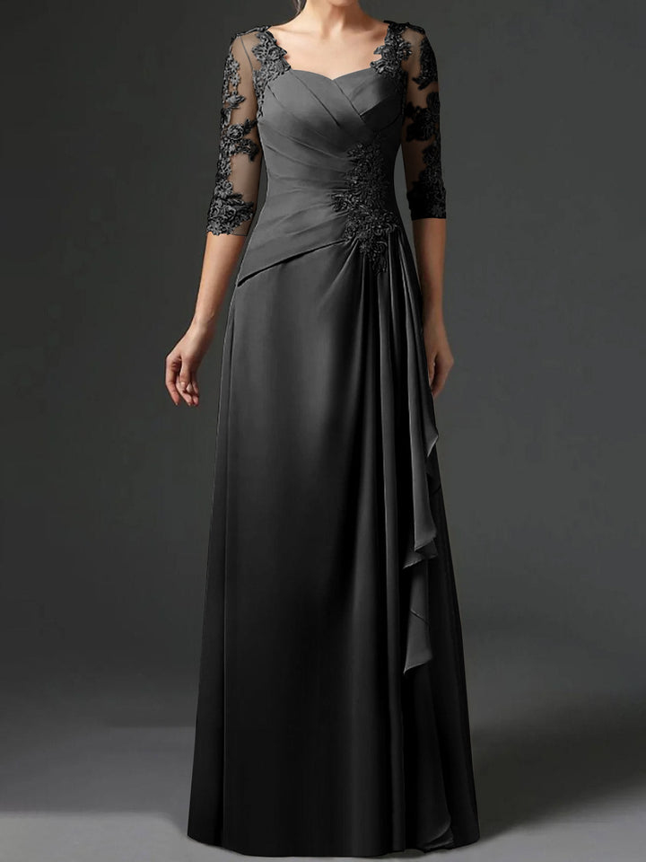 Robe de Mère de la Mariée Coupe A-Line/Princess à Col Carré et Manches Mi-Longues avec Fronces