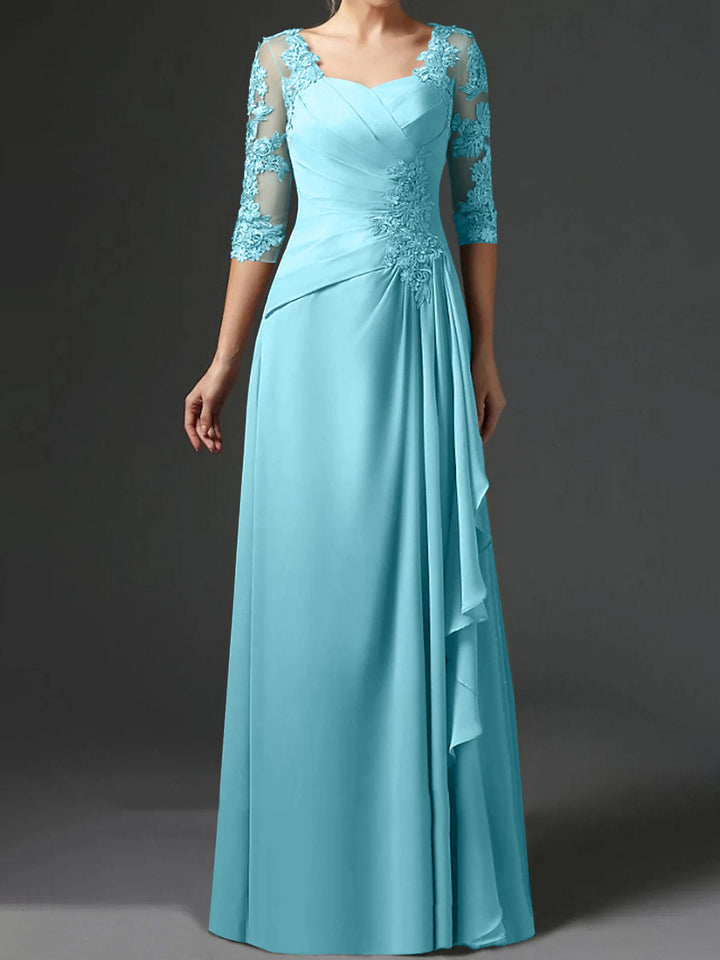 Robe de Mère de la Mariée Coupe A-Line/Princess à Col Carré et Manches Mi-Longues avec Fronces