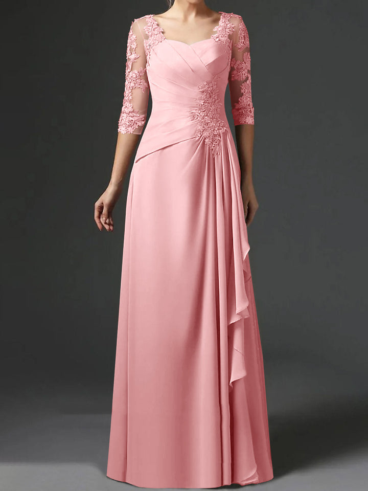 Robe de Mère de la Mariée Coupe A-Line/Princess à Col Carré et Manches Mi-Longues avec Fronces