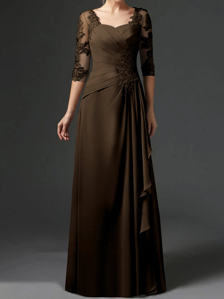 Robe de Mère de la Mariée Coupe A-Line/Princess à Col Carré et Manches Mi-Longues avec Fronces