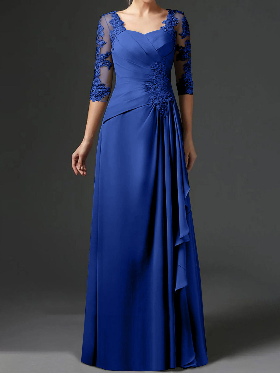 Robe de Mère de la Mariée Coupe A-Line/Princess à Col Carré et Manches Mi-Longues avec Fronces