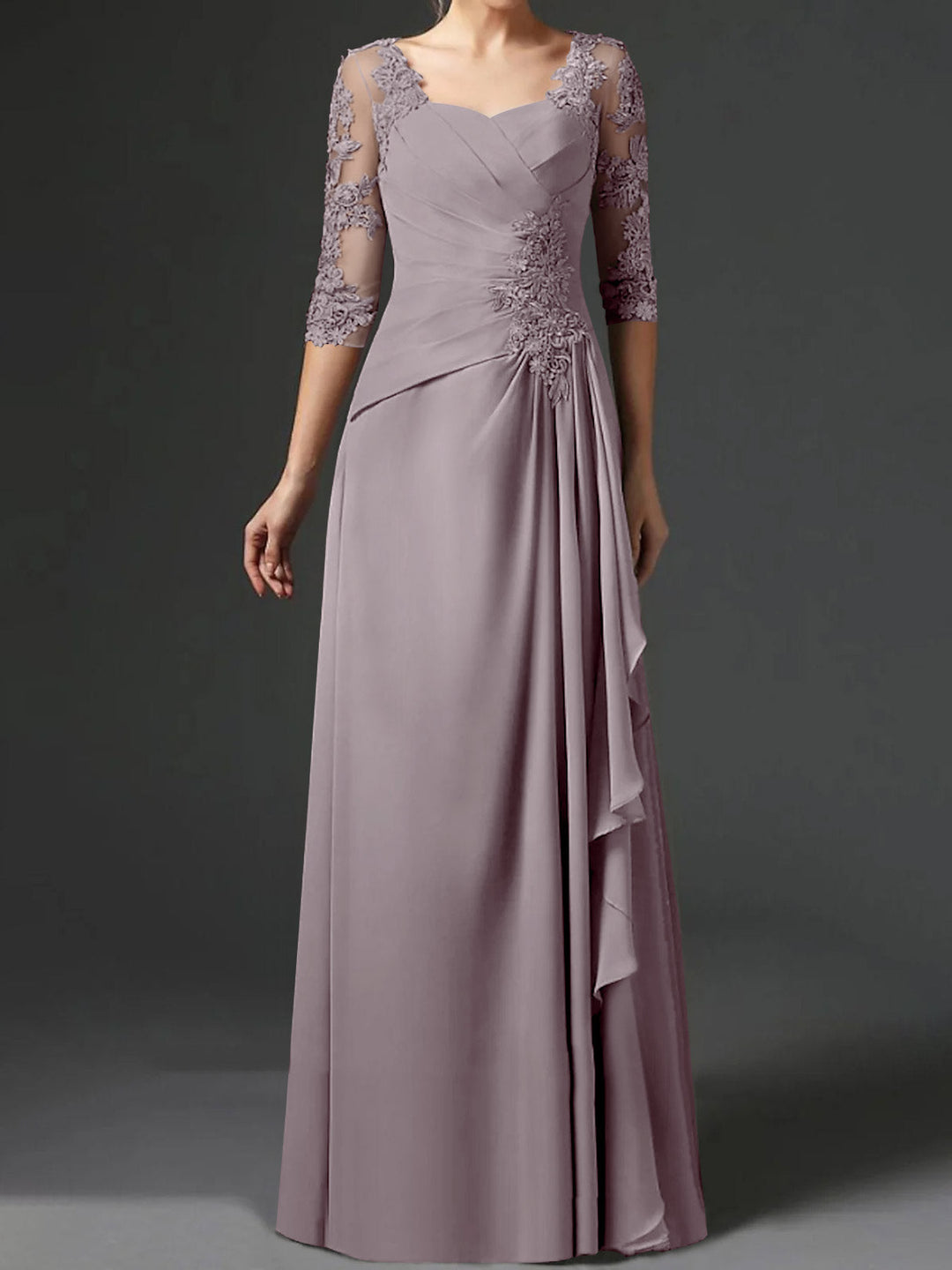 Robe de Mère de la Mariée Coupe A-Line/Princess à Col Carré et Manches Mi-Longues avec Fronces