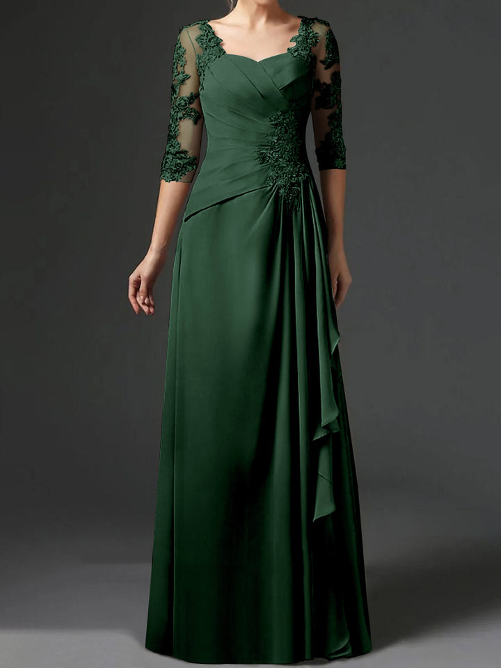 Robe de Mère de la Mariée Coupe A-Line/Princess à Col Carré et Manches Mi-Longues avec Fronces