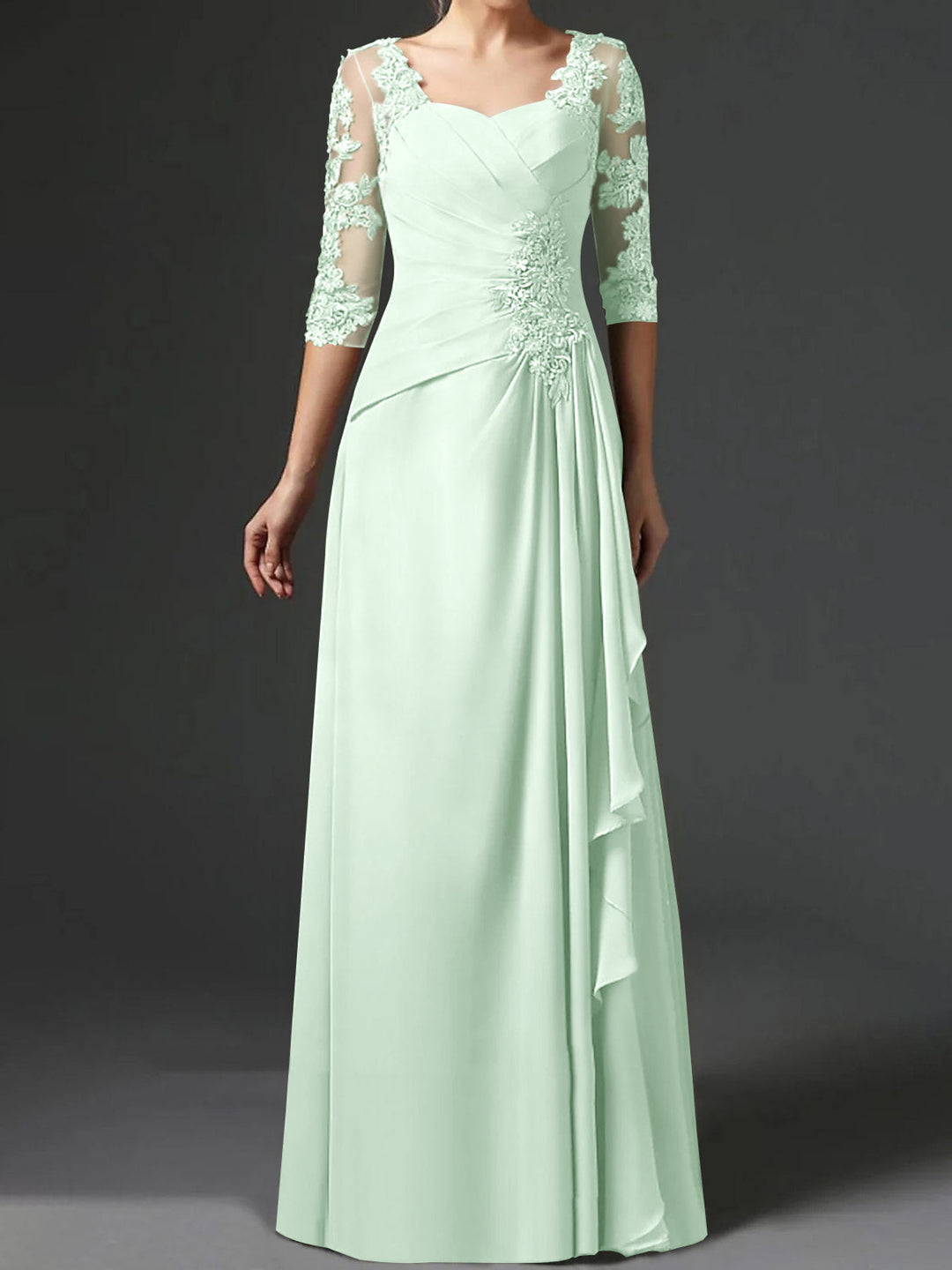 Robe de Mère de la Mariée Coupe A-Line/Princess à Col Carré et Manches Mi-Longues avec Fronces
