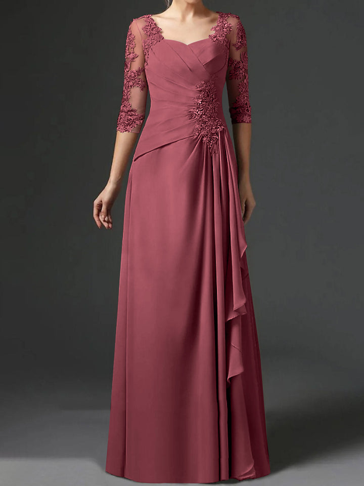 Robe de Mère de la Mariée Coupe A-Line/Princess à Col Carré et Manches Mi-Longues avec Fronces
