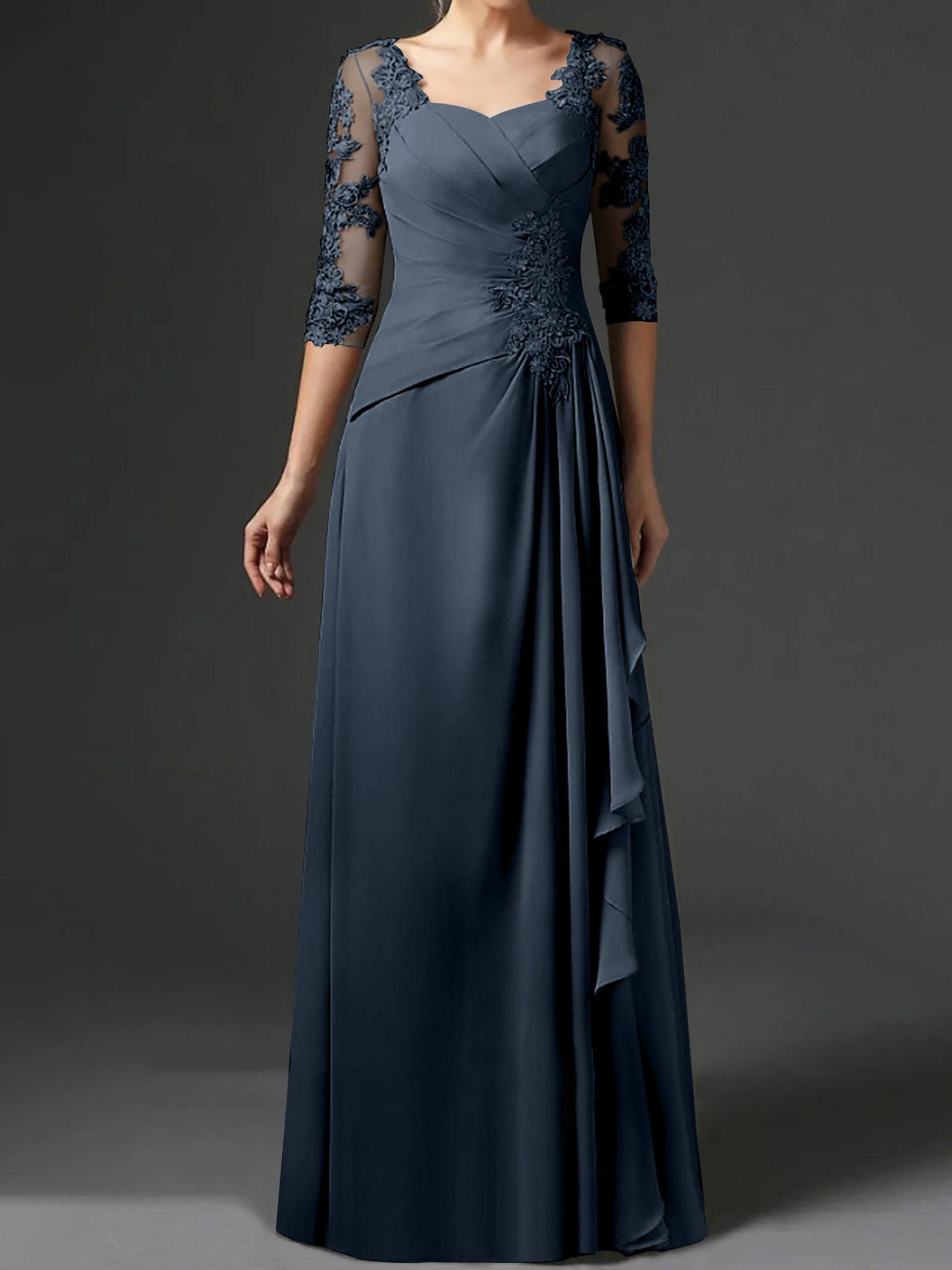 Robe de Mère de la Mariée Coupe A-Line/Princess à Col Carré et Manches Mi-Longues avec Fronces