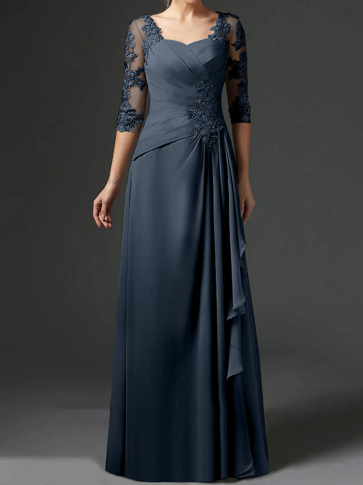 Robe de Mère de la Mariée Coupe A-Line/Princess à Col Carré et Manches Mi-Longues avec Fronces