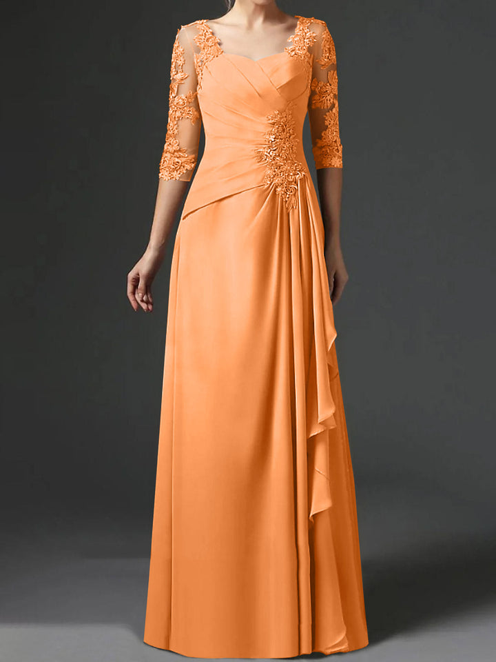 Robe de Mère de la Mariée Coupe A-Line/Princess à Col Carré et Manches Mi-Longues avec Fronces