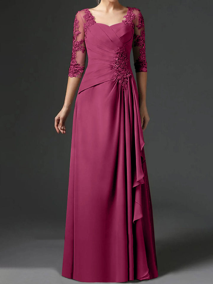 Robe de Mère de la Mariée Coupe A-Line/Princess à Col Carré et Manches Mi-Longues avec Fronces