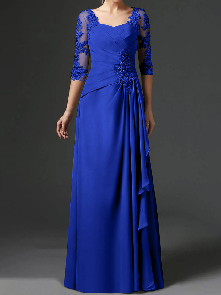 Robe de Mère de la Mariée Coupe A-Line/Princess à Col Carré et Manches Mi-Longues avec Fronces
