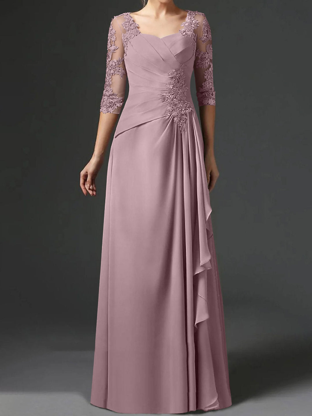 Robe de Mère de la Mariée Coupe A-Line/Princess à Col Carré et Manches Mi-Longues avec Fronces