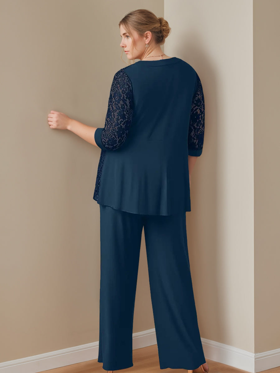 Ensemble 3 Pièces en Mousseline de Soie, Col Rond, Manches 3/4, Longueur Au Sol, Grande Taille, Pantalon pour Mère de la Mariée avec Veste et Poches