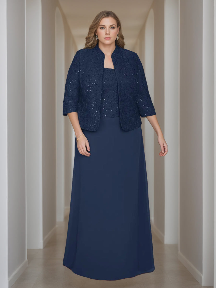 Robe de Mère de la Mariée Fourreau/Colonne 2 Pièces, Col Carré, Manches 3/4, Longueur Au Sol, avec Veste, Dentelle et Paillettes