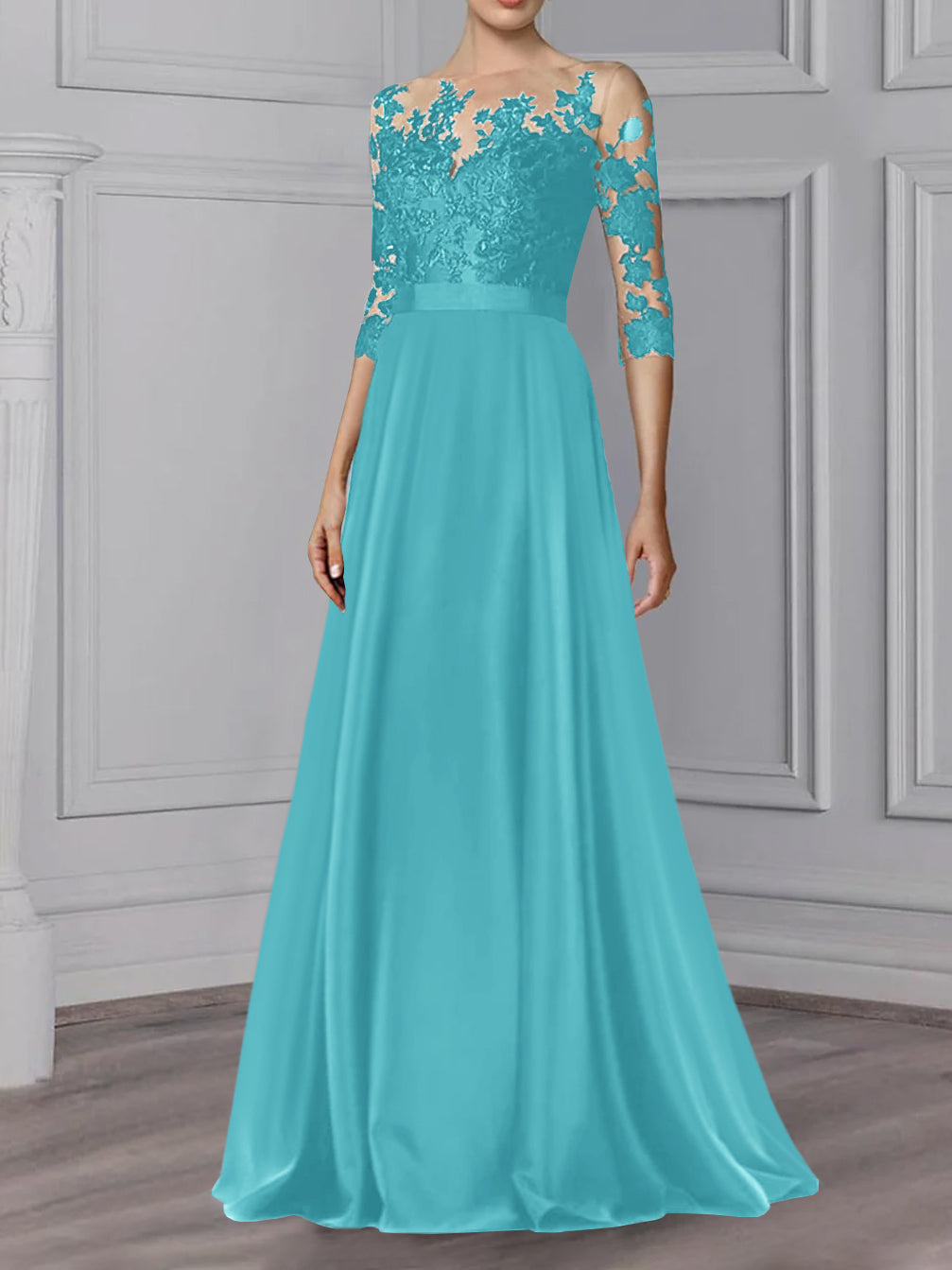 Robe de Mère de la Mariée Coupe A-Line/Princess, Col Bijou, Manches 3/4, Longueur Au Sol