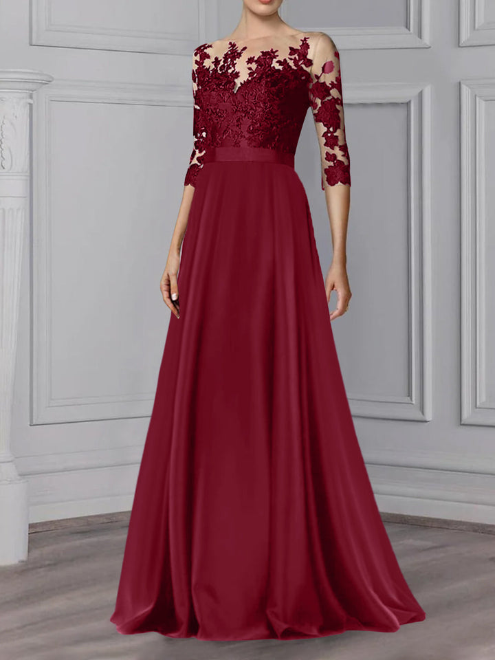Robe de Mère de la Mariée Coupe A-Line/Princess, Col Bijou, Manches 3/4, Longueur Au Sol