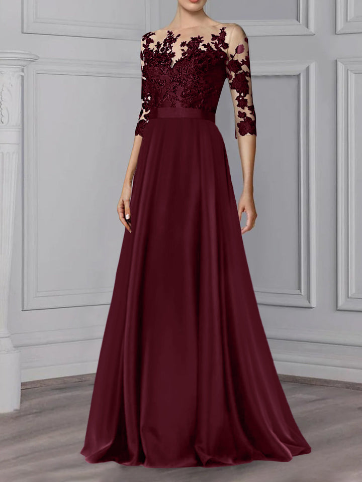 Robe de Mère de la Mariée Coupe A-Line/Princess, Col Bijou, Manches 3/4, Longueur Au Sol
