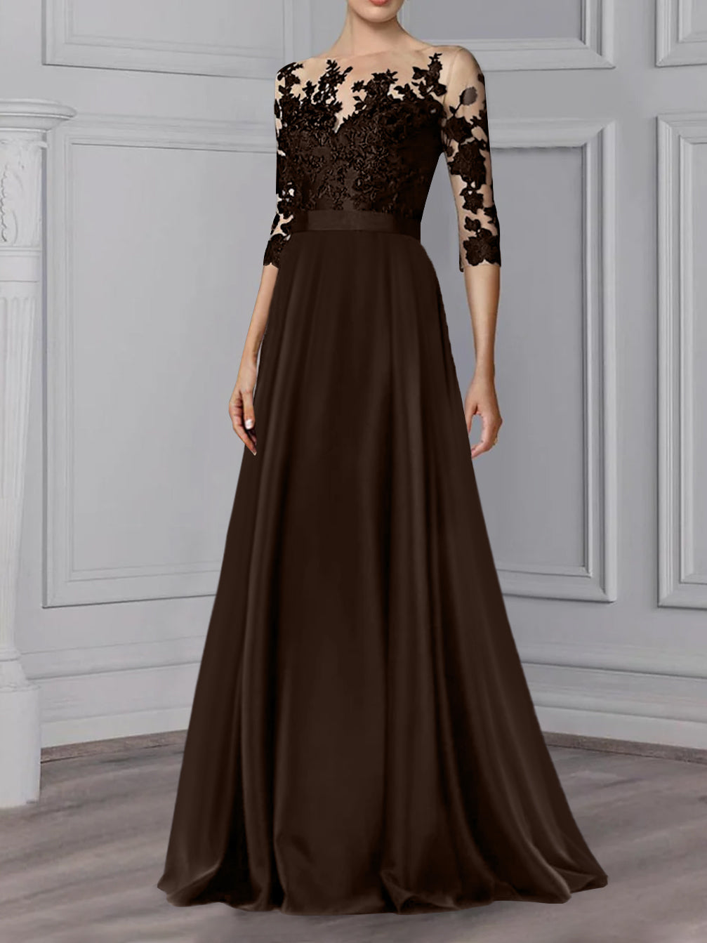 Robe de Mère de la Mariée Coupe A-Line/Princess, Col Bijou, Manches 3/4, Longueur Au Sol