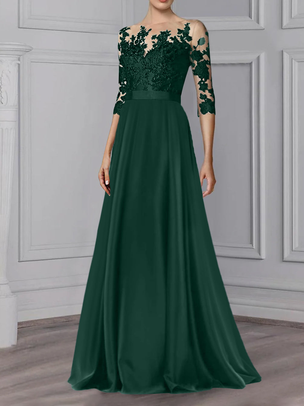 Robe de Mère de la Mariée Coupe A-Line/Princess, Col Bijou, Manches 3/4, Longueur Au Sol
