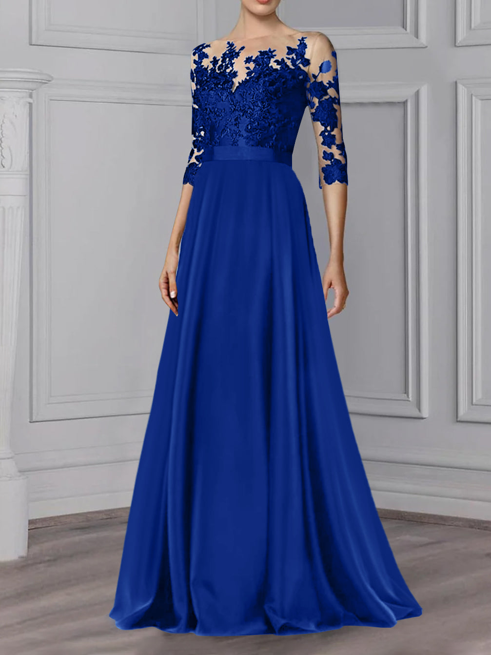 Robe de Mère de la Mariée Coupe A-Line/Princess, Col Bijou, Manches 3/4, Longueur Au Sol