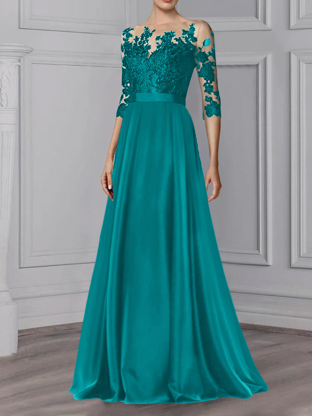 Robe de Mère de la Mariée Coupe A-Line/Princess, Col Bijou, Manches 3/4, Longueur Au Sol
