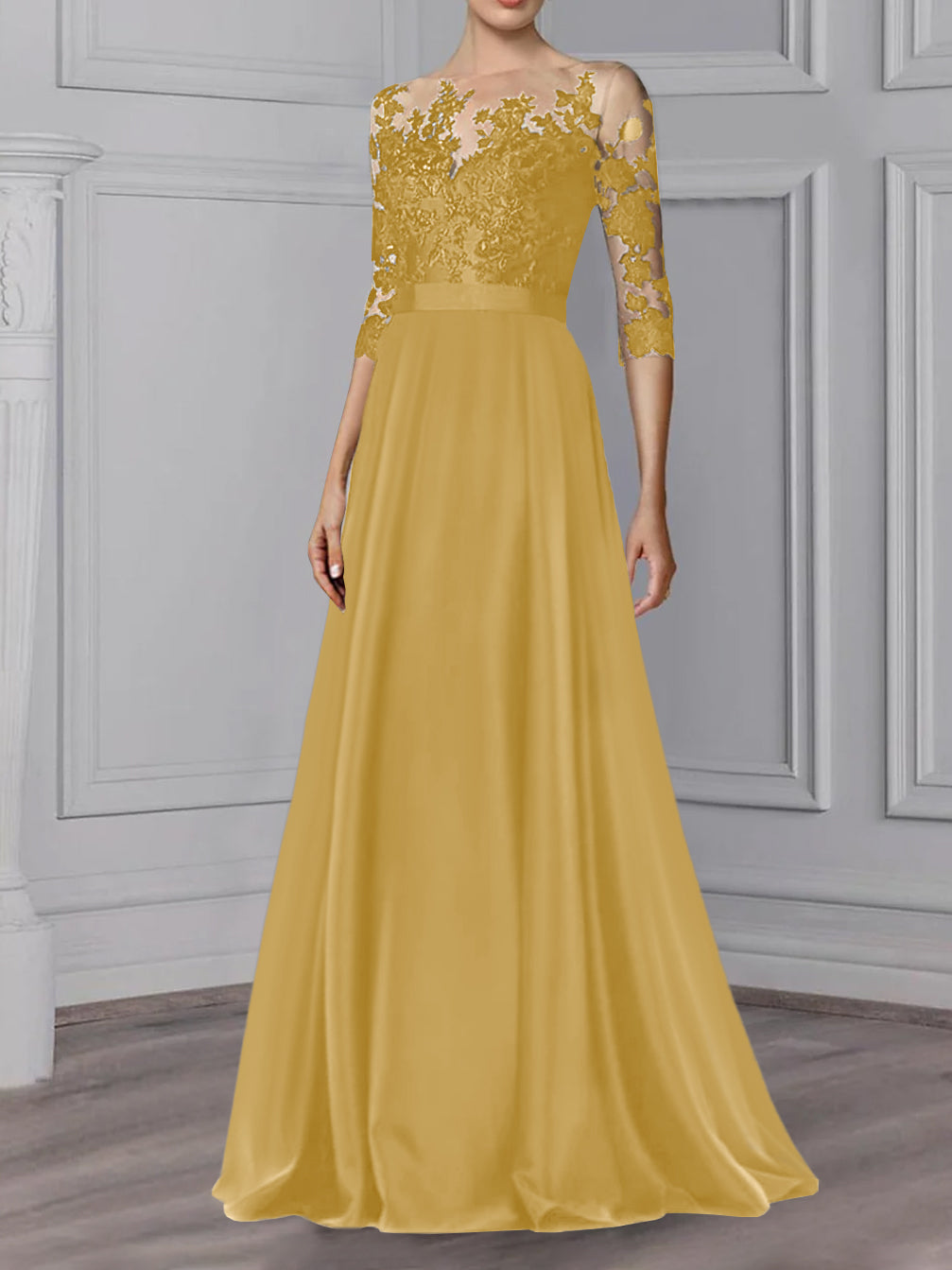 Robe de Mère de la Mariée Coupe A-Line/Princess, Col Bijou, Manches 3/4, Longueur Au Sol