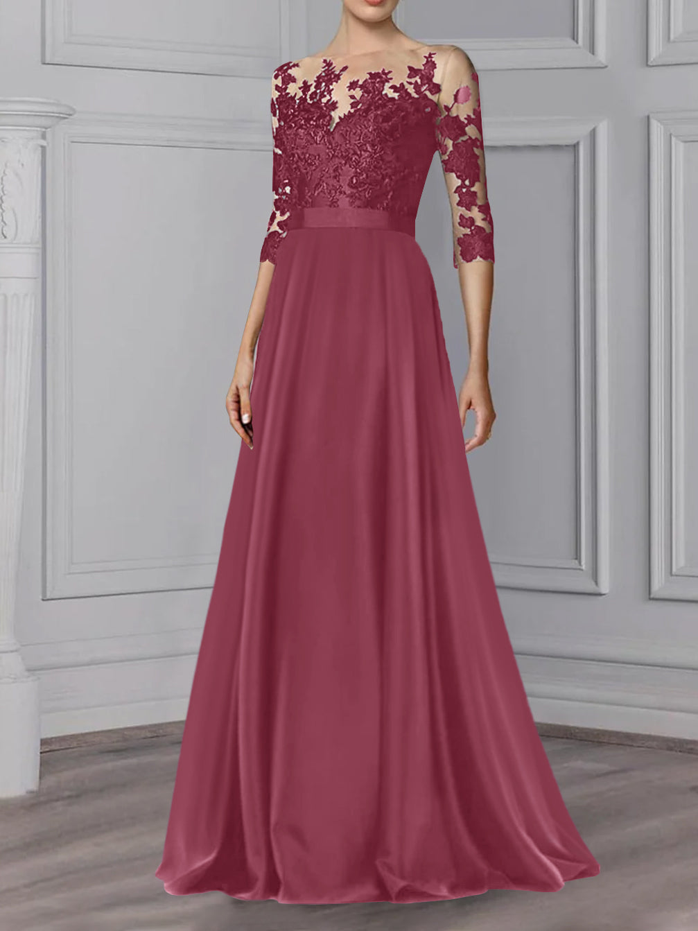 Robe de Mère de la Mariée Coupe A-Line/Princess, Col Bijou, Manches 3/4, Longueur Au Sol