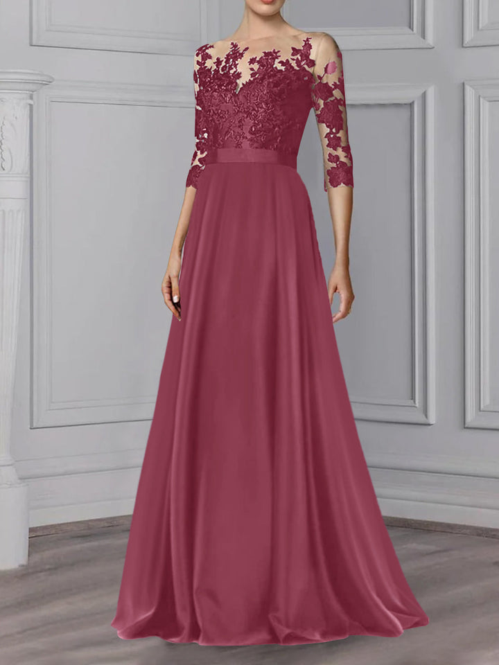 Robe de Mère de la Mariée Coupe A-Line/Princess, Col Bijou, Manches 3/4, Longueur Au Sol