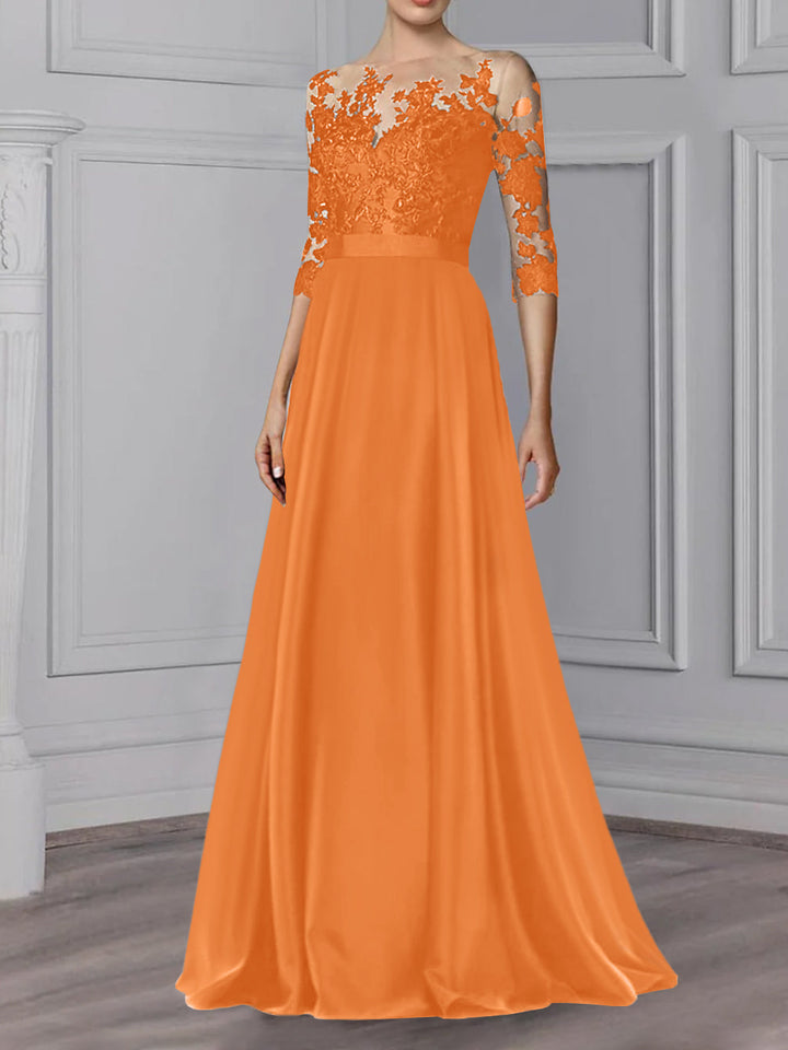 Robe de Mère de la Mariée Coupe A-Line/Princess, Col Bijou, Manches 3/4, Longueur Au Sol