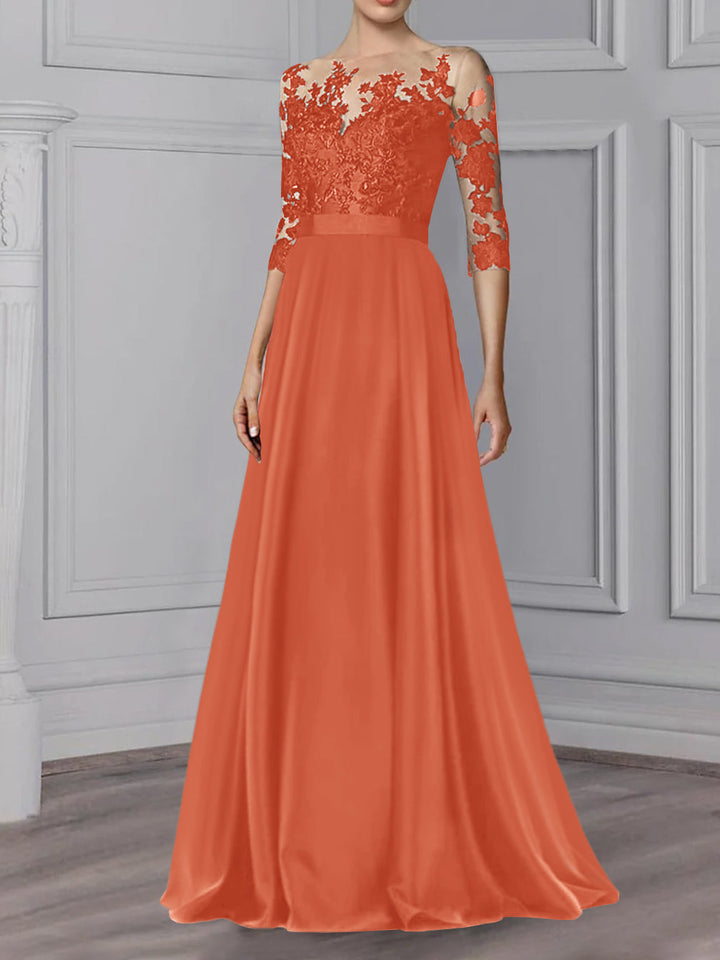 Robe de Mère de la Mariée Coupe A-Line/Princess, Col Bijou, Manches 3/4, Longueur Au Sol