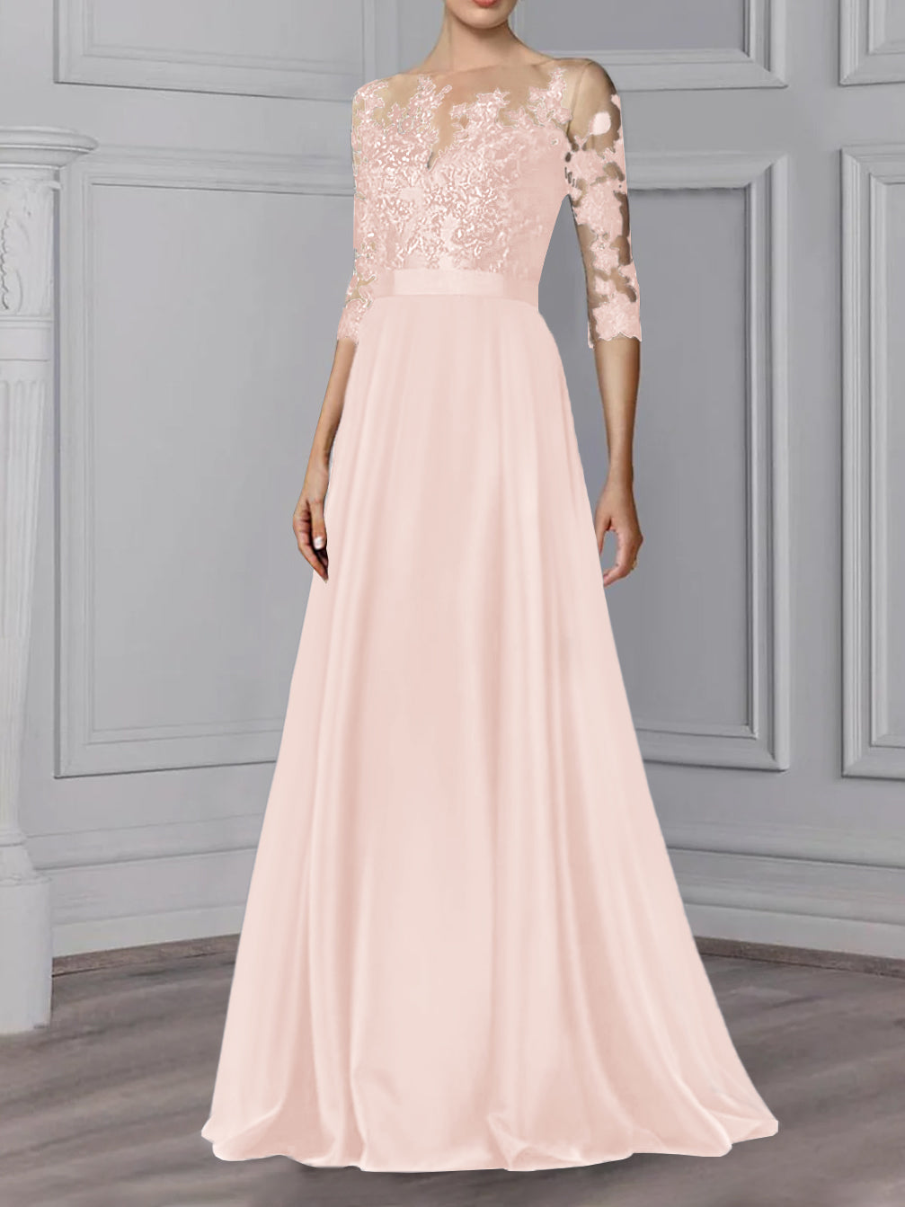 Robe de Mère de la Mariée Coupe A-Line/Princess, Col Bijou, Manches 3/4, Longueur Au Sol