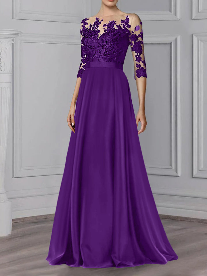 Robe de Mère de la Mariée Coupe A-Line/Princess, Col Bijou, Manches 3/4, Longueur Au Sol