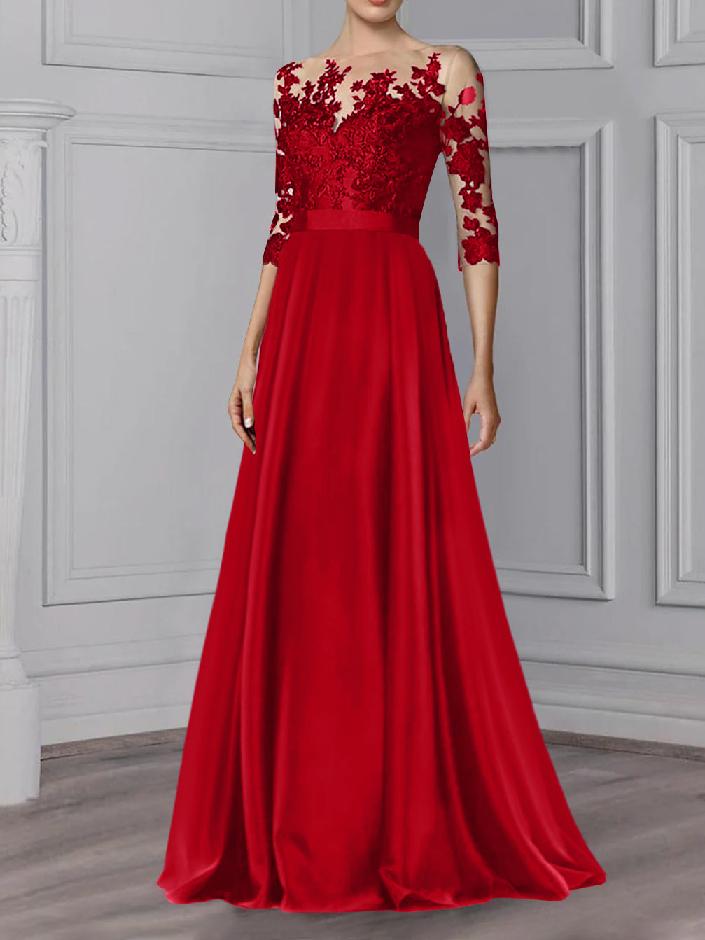 Robe de Mère de la Mariée Coupe A-Line/Princess, Col Bijou, Manches 3/4, Longueur Au Sol