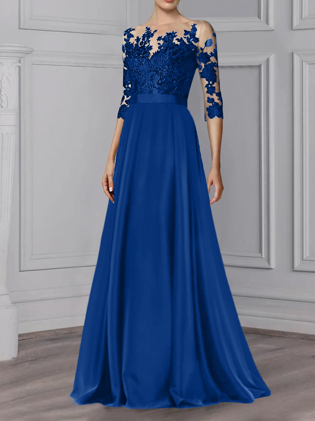 Robe de Mère de la Mariée Coupe A-Line/Princess, Col Bijou, Manches 3/4, Longueur Au Sol