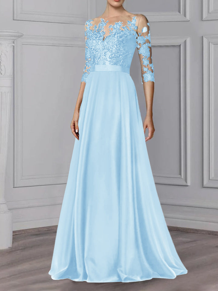 Robe de Mère de la Mariée Coupe A-Line/Princess, Col Bijou, Manches 3/4, Longueur Au Sol